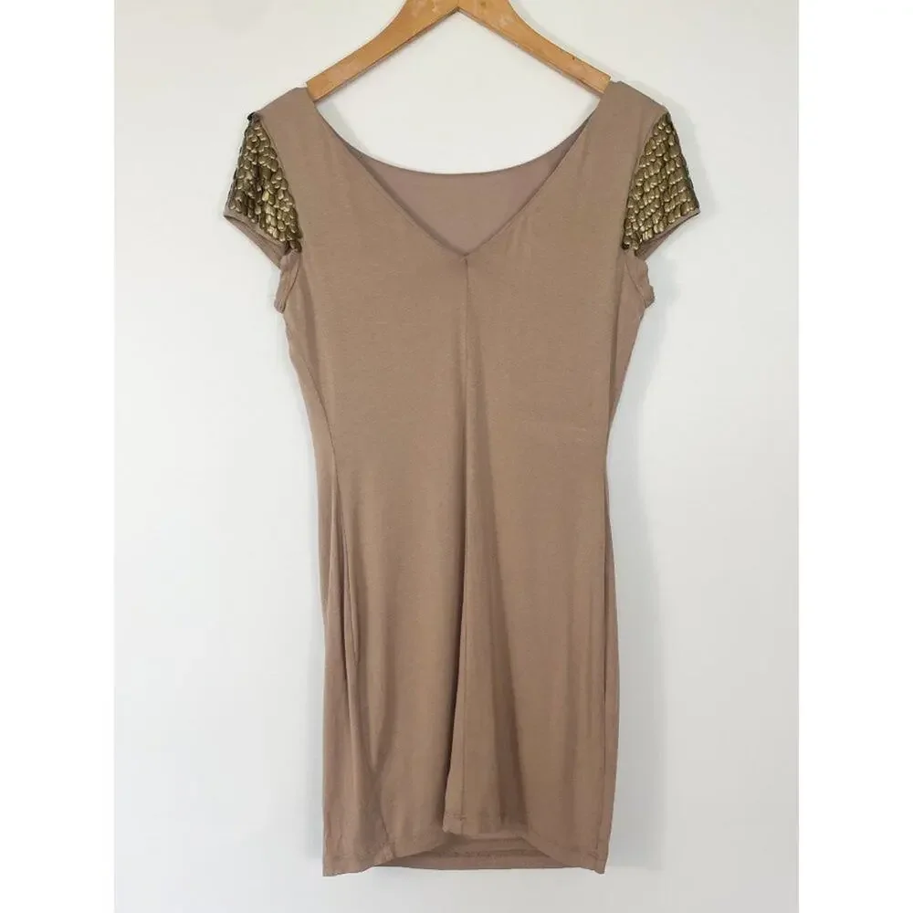 Forever 21 Metal Teardrop Embellished Taupe Nude Jersey Knit Bodycon Mini Dress